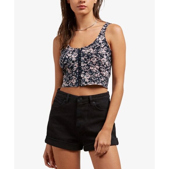 VOLCOM What A Looker Crop Tank Top Sz L Corset Style Tank Eyelet Floral Printed - Picture 2 of 12